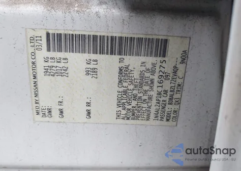 2011 Nissan Altima 2.5 S z USA, uszkodzony, nr VIN 1N4AL2AP1BC169275